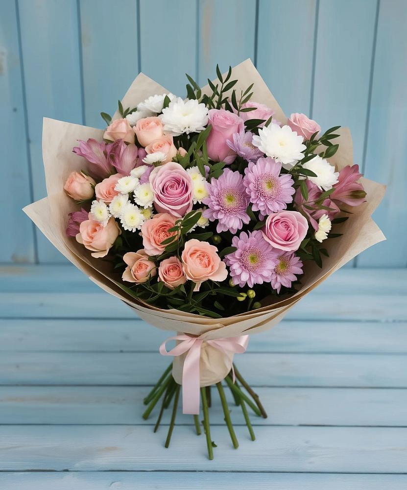 Букет цветов из: Хризантемы, Розы и Альстромерии в Пятовском