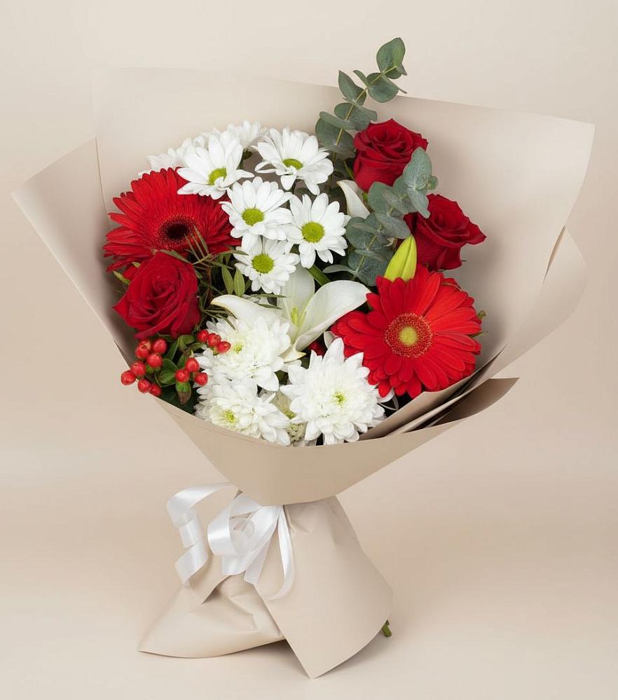 Букет цветов из: Розы, Хризантемы, Герберы и Лилии в Пятовском