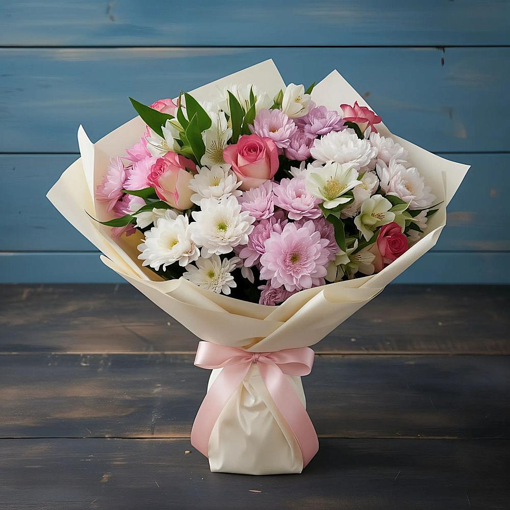 Букет цветов из: Хризантемы, Альстромерии и Розы в Пятовском